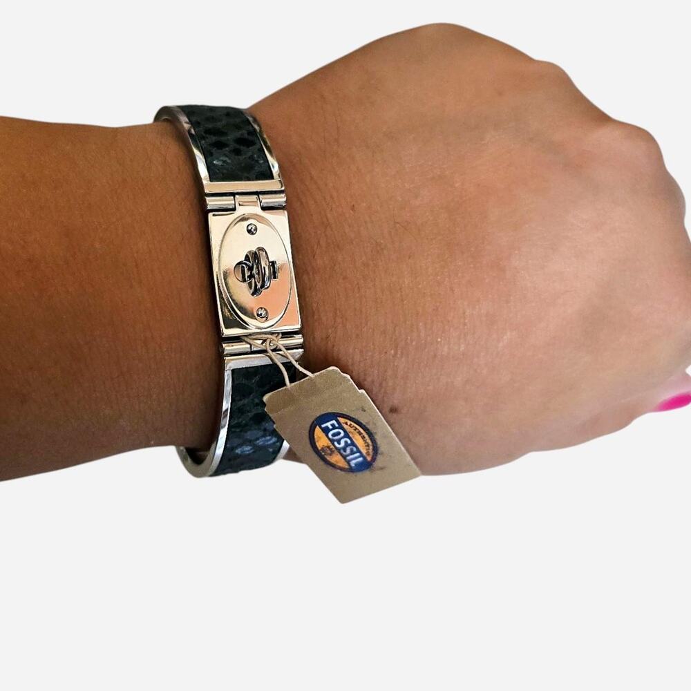 Fossil Iconic Metal Stainless Steel Snakeskin Inlay Bangle Bracelet NWT